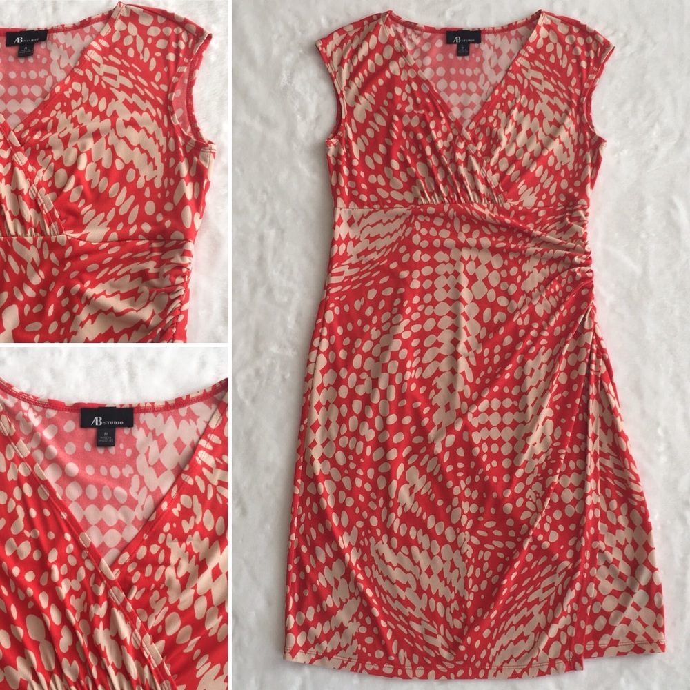 AB Studio Orange/Cream Wrap Front Dress Medium